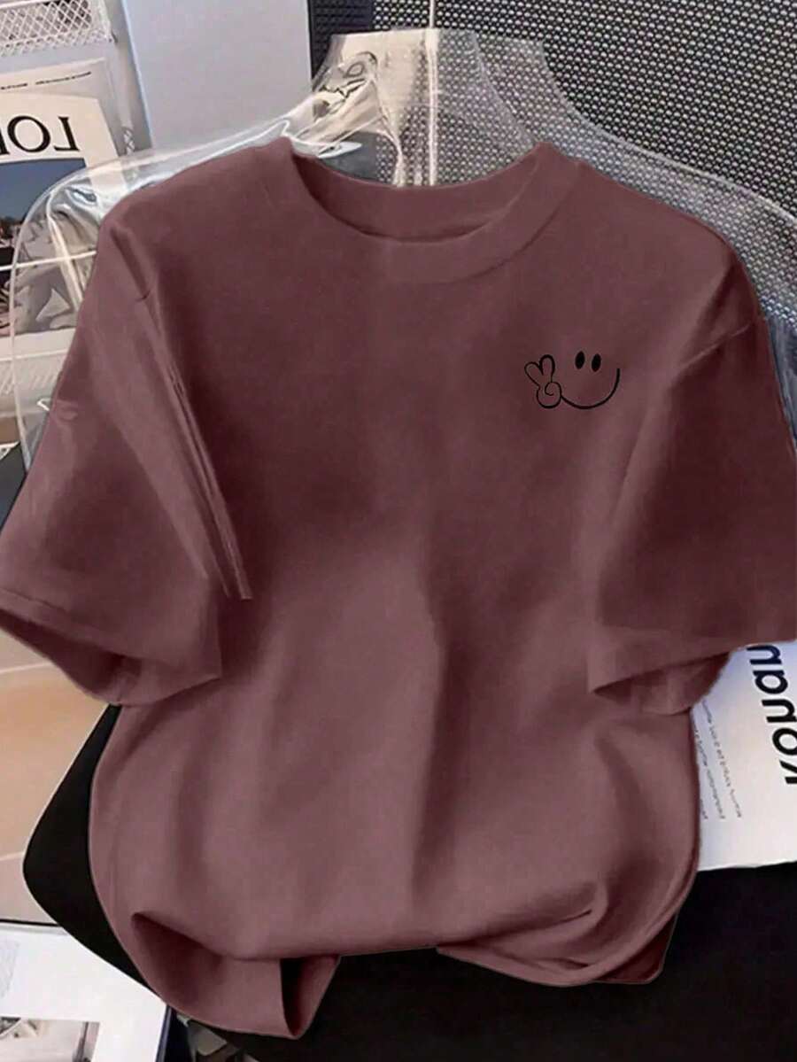 Camiseta estampada mujer cuello redondo y mangas cortas, uso casual diario tshirts para mujeres carita feliz happy face - Café - Ver 1