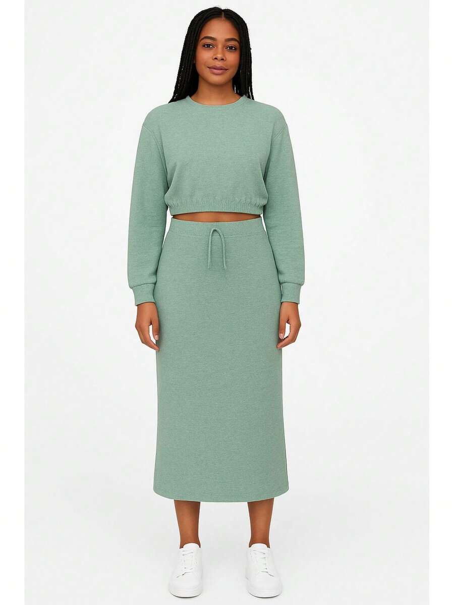 Women's Winter Set: Blouse And Woolen Skirt - 水綠 - 查看 1