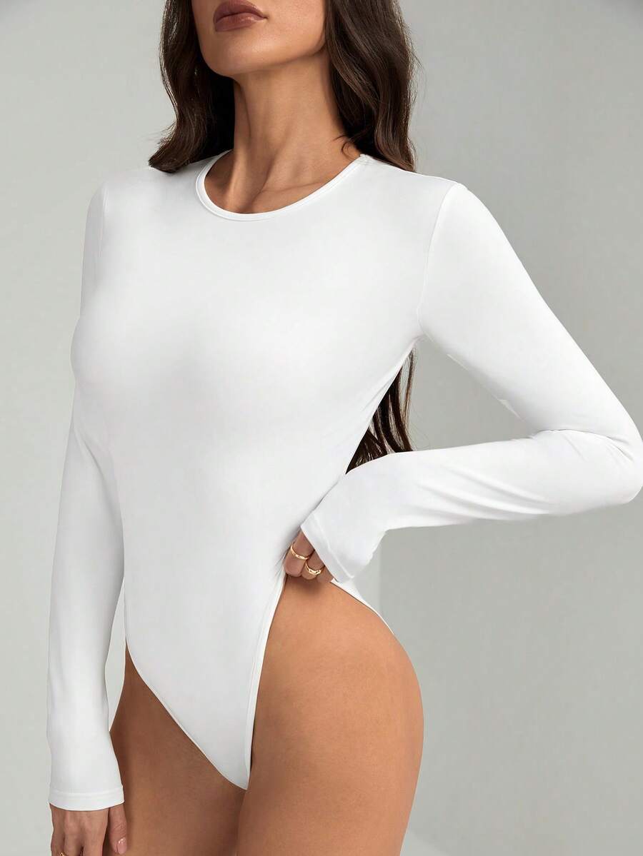 Long Sleeve Round Crew Neck Bodysuit In Smooth, Tight Suplex - White - View 1