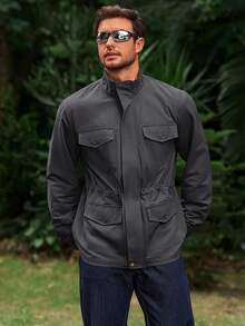 Mens Military Jacket Full Zip And Button  Field Jacket Multi Pocket Cargo Outdoor Coathalloween - 深灰色 - 查看 11