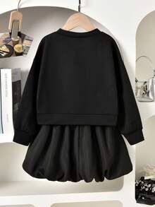 Vihyde Young Girls 2 Pieces Outfit, Cute Long Sleeve Crew Neck Sweatshirt With Big Bow Applique & Bow Decor Bubble Skirt Set - Black and White - View 8