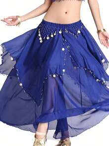 Women Belly Dance Long Skirt With Coin Chiffon Belly Dance Costume Multi-Layer Skirt Party Festival Dance Performance Costume