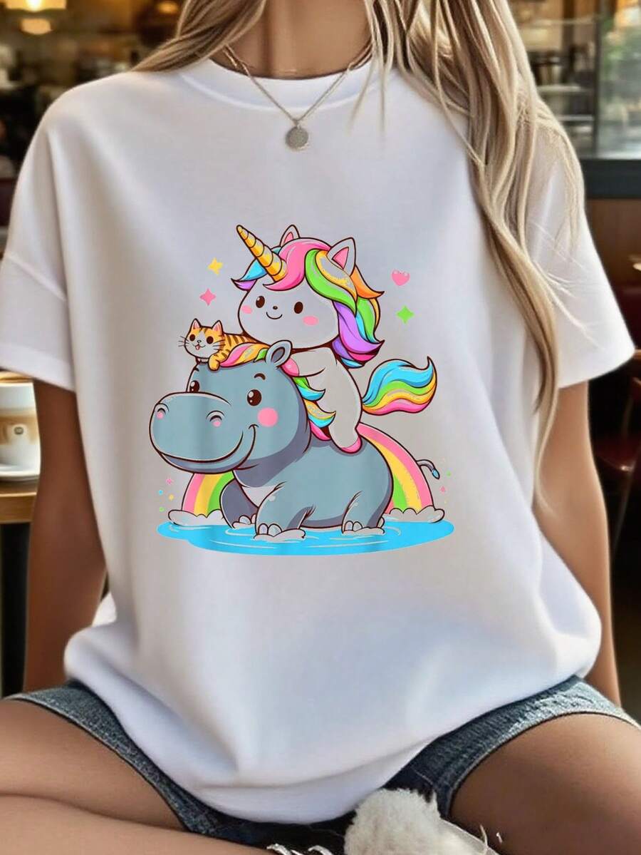 Unicorn And Cat Riding Hippo Boys Girls Men Women Kids T-Shirt        Summer T-Shirt For Women - 白色 - 查看 1