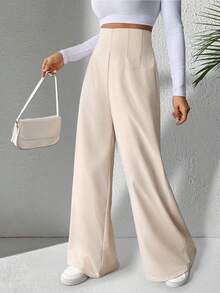 Pantalones texturizados de cintura alta y pierna ancha de color sólido para mujer, pantalones casuales y elegantes de pierna ancha, adecuados para ocasiones diarias, de aeropuerto y de brunch, se pueden usar en todas las estaciones. - Albaricoque - Ver 4