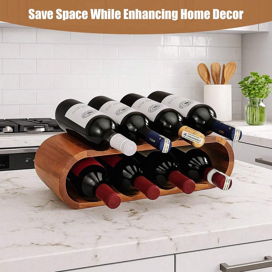 Space-Saving Wine Bottle Holder - 8-Bottle Wooden Rack With Freestanding Design For Kitchen Or Bar Use - Natural - View 1