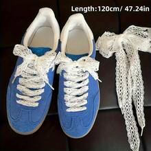 1 Pair Of Women's White Lace Bow - Hollow V-Shaped Printed Korean-Style Decorative Shoelaces, 47.24inch Lightweight Accessories Suitable For Sneakers, Flats, And Wedding Shoes - 白色 - 查看 2