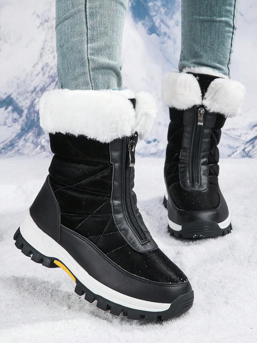 Women's Winter Snow Boots With Fleece Lining, Thickened TPR Sole, Warm Fleece Lining, And Round Toe Design. Suitable For Outdoor Snow And Hiking Scenarios. These Hiking Boots Combine Functionality And Style, Featuring A Fabric Lining For Winter Footwear. - 黑色 - 查看 1