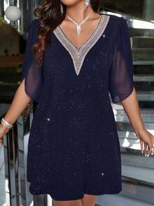 Vestido elegante de talla grande con cuello de contraste y destellos - Azul marino - Ver 3