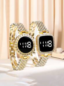 2pcs New Square Circular Set LED Temperament Electronic Watch For Girls And Students, Light Luxury Full Diamond Fashion Versatile Touch Digital Electronic Watch For Women, Gift Set - Black - View 11