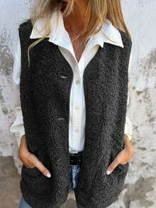 Gilet sans manches en fausse fourrure à boutons, poches réelles, ouverture devant, couleur unie, style décontracté pour femmes, automne/hiver - Noir - Voir 3