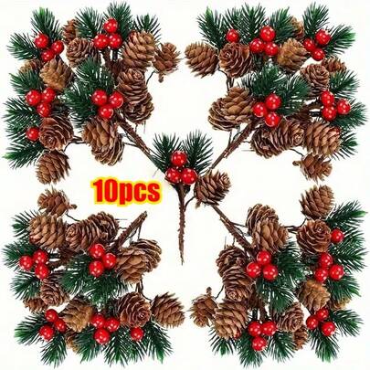 Set de 10 piezas de decoración de acebo y bayas artificiales, decoración de árbol de Navidad perenne, incluye piñas marrones y bayas rojas brillantes, para colgar o colocar en la mesa, decoración navideña de plástico duradero, adecuada para Navidad, Año Nuevo, decoración del hogar y al aire libre en invierno, centro de mesa festivo, estilo artesanal de estética natural, acentos decorativos, diseño de temporada