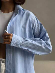 Women's Oversized Striped Light Blue Office Shirt,Women's Korean Style Blouse - Vertical Stripes, Long Sleeve Office & Daily Wear Blue/White Horizontal Stripes Classic Button Front Shirt, Loose Fit Button-Up Top, All-Season Casual Formal Wear, Versatile Fabric, Retro Collar Design, Durable Fabric, Workwear, Breathable Material, Professional Women's Shirt, Women's Blouse