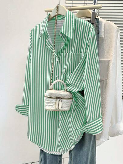 ​Women's Casual Basic Striped Point Collar Long Sleeve Shirt Top With Button Pocket, Daily Office Wear Fall Winter Spring Clothing​