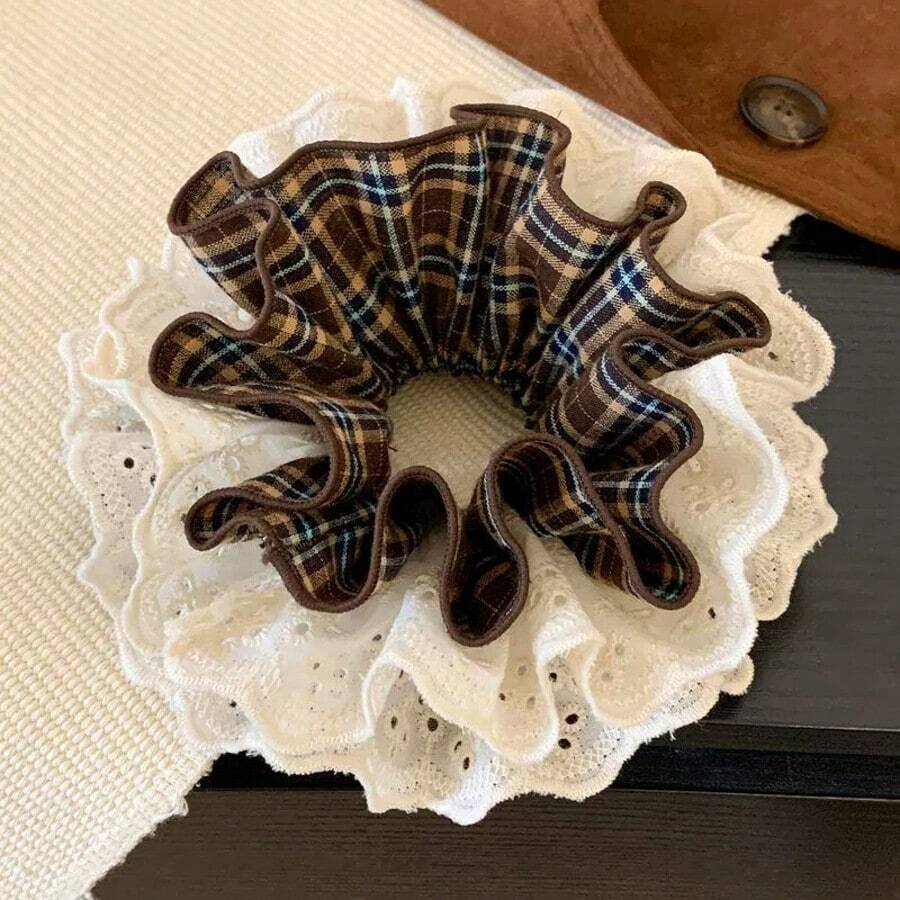 1pc Elegant Lace Multilayer Hollow Floral Hair Scrunchie, Unique Design, Versatile For Daily Use ,Hair Ties ,Scrunchy Hair Ties Ponytail Head Accessories Elastic Band - Brown - View 1