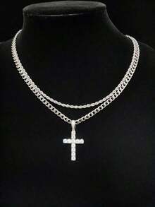 2pcs Set Men's Rhinestone Accent Cuban Twist Rope Chain Necklace With Cross Pendant, Fashion Versatile Accessory, Suitable For Men & Women, New Year, Valentine's Day Gift - Nhiều màu - Xem 11