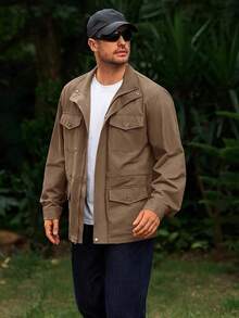 Mens Military Jacket Full Zip And Button  Field Jacket Multi Pocket Cargo Outdoor Coathalloween - 卡其色 - 查看 8