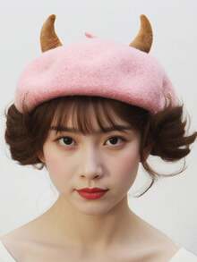 Devil Horns Red Beret For Women - Fun Halloween Costume Accessory, Unique Fashion Beret With Horns, Red Beret For Cosplay, Party Hats