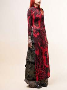 Summer Street Snake Print Semi High Neck High Slit Long Top - Red - View 2