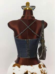 Amplova Women's Halter Neck Spaghetti Strap Backless Criss-Cross Zipper Back Casual Denim Blouse, Y2k Clothes Women - Dark Wash - View 6