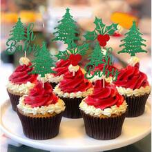 12/24 PCS Christmas Tree OhBaby Cupcake Toppers Glitter Holly Leaves And Berries BabyShower Christmas Cupcake Picks For Christmas Theme Birthday Party Cake Decorations Supplies