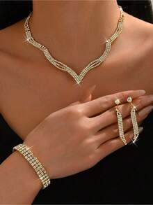 4pcs/Set Women Jewelry Set - Necklace, Earrings, Bracelet, Geometric Design, Suitable For Party, Wedding & Thanksgiving T8EF - 金色 - 查看 5