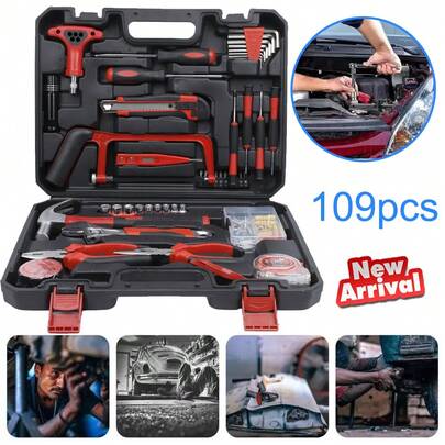 109 Pcs  Manual Tool Set, Multifunctional Repair Toolbox, Black And Red, Metal Material, No Battery, Uncharged Power Mode, No Assembly Required, For Woodworking, Electrician, Home, DIY, Etc.