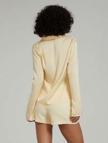 Se-Hore Women's Fashion Solid Color Satin Texture Tie Decor Casual Long Sleeve Cardigan - Light Yellow - View 7