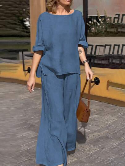 Women's Elegant Summer Set, Fashion Casual Vacation Daily Commute Versatile Solid Color Round Neck Top Blouse High Waist Loose Wide Leg Elastic Waist Pants, 2 Pieces Outfit