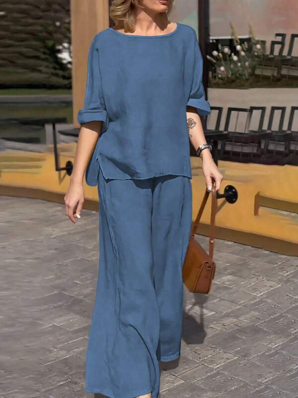 Women's Elegant Summer Set, Fashion Casual Vacation Daily Commute Versatile Solid Color Round Neck Top Blouse High Waist Loose Wide Leg Elastic Waist Pants, 2 Pieces Outfit