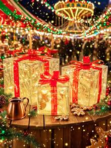 Set Of 3 Christmas 60 LED Lighted Gift Boxes, Transparent Warm White Lighted Christmas Box Decor, Presents Boxes With Red Bows For Christmas Tree, Yard, Home, Christmas Decorations