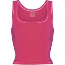 Camiseta de tirantes acanalada para mujer con acolchado, top de entrenamiento de cuello cuadrado, top corto ajustado, camiseta básica de tipo cami - Rosa baya - Ver 7