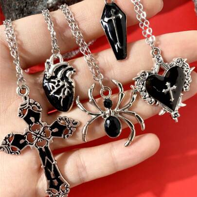 ROMWE Bộ 5 dây chuyền mặt trái tim, hoa hồng, thánh giá, quan tài, đá quý, nhện, phong cách Y2K cổ điển Gothic Punk Rock, dây chuyền thép không gỉ, dây chuyền Hip Hop cá nhân hóa