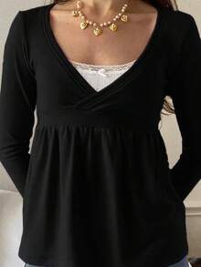 Women Y2K Babydoll Knit Tops Long Sleeve Lace Patchwork Low Cut Peplum Sweater Fairy Vintage 90s Coquette Blouse - 黑色 - 查看 5