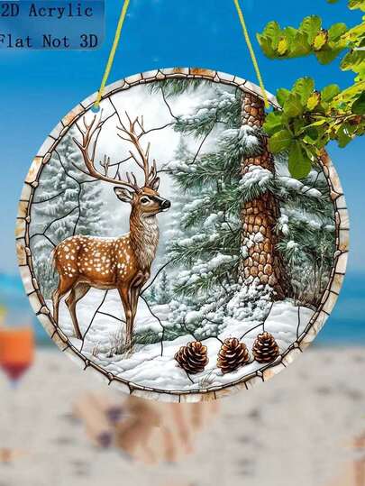 2D Flat, 2D Flat 1pc Winter Deer Sun Catcher, 7.87x7.87 Inch Round Acrylic Sign, Stained Glass Style Window Decoration, Winter Wonderland Atmosphere, Suitable For Home, Office, Living Room, Christmas Gift, 2D Flat
