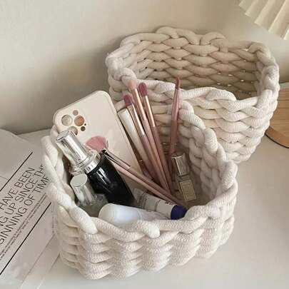 1 件编织厚棉绳化妆品收纳篮、棉绳收纳篮、棉绳桌面收纳篮、编织野餐篮、餐巾收纳盒