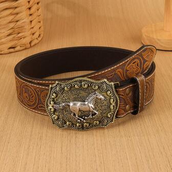 1pc Marjella Graffiti Waist Belt, Fashionable Western Cowboy Vintage Floral Animal Embossed PU Leather Belt