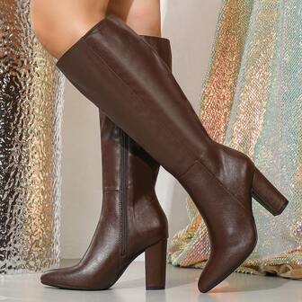 Women's Plus Size Wide Calf Knee-High Boots, Fashion Chunky Heel Tall Boots With Side Zipper, European & American Style, Autumn/Winter,High Heels