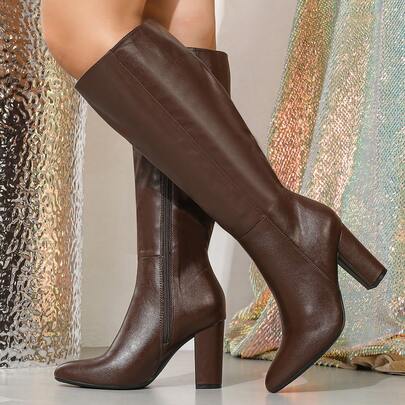 Women's Plus Size Wide Calf Knee-High Boots, Fashion Chunky Heel Tall Boots With Side Zipper, European & American Style, Autumn/Winter