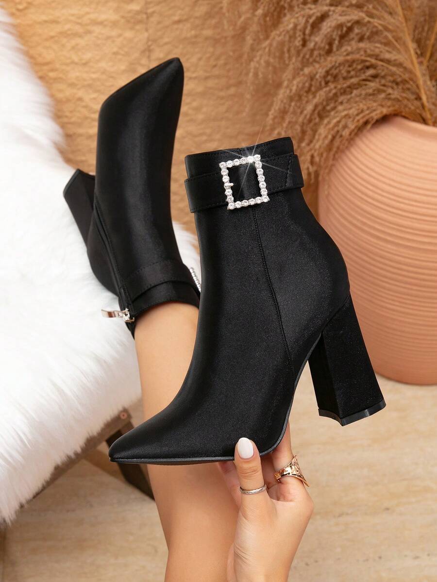 Women's New Black Ankle Boots, Autumn/Winter Fashion Pointed Toe Chunky Heel Rhinestone Square Buckle Commuter Fashion Boots - Black - View 1