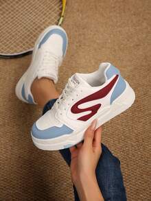 Women's Casual Sneakers - Chic White With Blue & Red Accents, Lace-Up Round Toe Faux Cover Upper, Breathable Fabric Lining & Cushioned EVA Insole, Durable Rubber Sole Low-Top All-Season Walking Shoes For Casual Attire, Ladies Sneakers, Sleek Sneaker Design - Blue - View 10