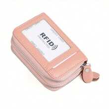 RFID Blocking Fashion Women ID Credit Card Holder Genuine Leather Double Zipper Lady Credit Card Case Wallet Large Capacity - Hồng - Xem 3