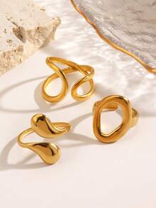 3pcs Stainless Steel Minimalist Geometric Oval & Water Drop Open Rings, Suitable For Women's Daily & Party Wear - Multicolor - View 5