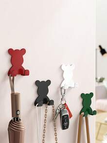 4 pièces/Porte-crochet mural en plastique en forme d'ours, sans perçage, portance élevée, crochet adhésif, support de rangement pour couteau de rasage. Double crochet, crochet adhésif sans perçage, crochet pour accrocher les vêtements dans la salle de bain derrière la porte.