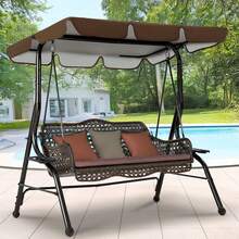 Senmeo 3-Person Patio Swing Canopy Cover , Weather-Resistant Anti-UV Swing Top Cover, Heavy Duty Durable And Stable Rip-Resistant Garden Hammock Canopy, Easy Install Porch Swing Roof For Backyard & Patio - 咖啡色 - 查看 3