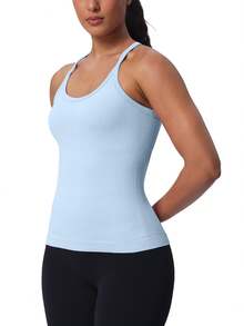 Workout Tank Tops For Women Built In Shelf Bras Padded -Racerback Athletic Tank Tops Ribbed Yoga Shirts - Light Blue - View 2