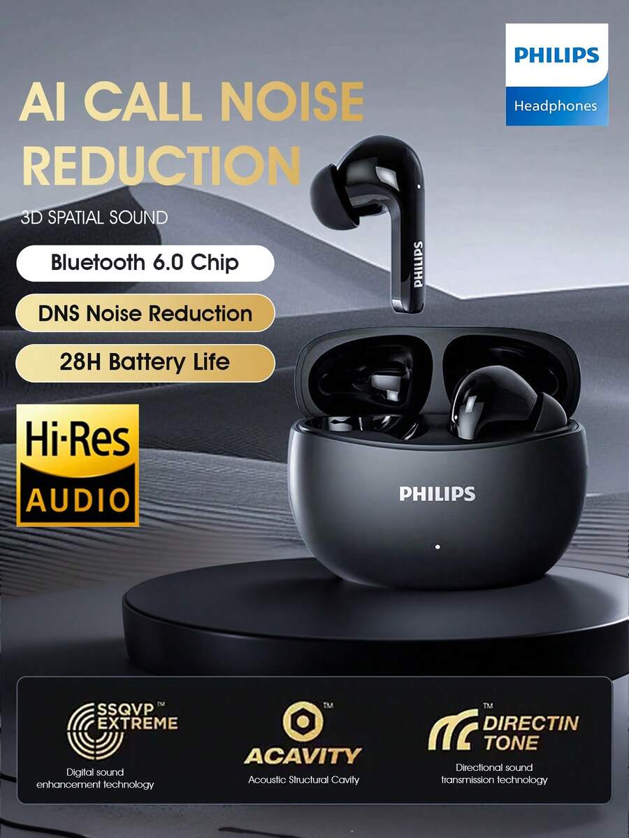 PHILIPS 飞利浦新款真无线蓝牙6.0耳机，入耳式，高保真音质，超长续航，通话降噪，通用运动音乐游戏耳机，兼容智能手机和平板电脑，TAT1320