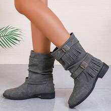 Mid-Calf Women's Boots For Autumn/Winter 2025, European And American Style, Round Toe, Square Heel, Large Size, With Belt Buckle - C-1 Đen - Xem 5