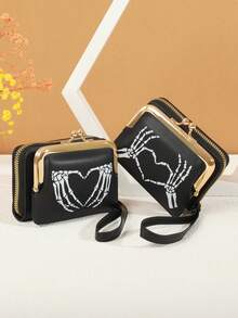 MADLEY 哥特风拉链手拿包，骷髅头图案，万圣节主题，适合购物，女士迷你钱包，小巧可爱，腕包，男士真皮钱包 - 彩色 - 查看 6