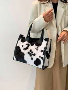 Yogodlns Einfaches Design Kuh Muster Frauen Weiche Plüsch Umhängetaschen Winter Fellbesatz Damen Geldbörsen Handtaschen Mode Weibliche Shopper Taschen - Schwarz und Weiss - Übersicht 4