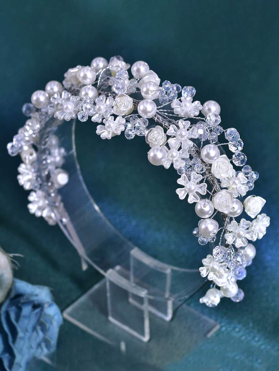 1件树脂花朵装饰女士珍珠发箍，仿珍珠水钻装饰，新娘头饰，女士发饰，婚礼头饰，摄影宴会发饰，女士配饰，春夏发饰